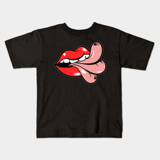 Funny red lips smile and tongue halloween mouth Kids T-Shirt by BlueRoseHeart